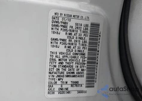 2010 Infiniti Fx35 z USA, uszkodzony, nr VIN JN8AS1MWXAM854088